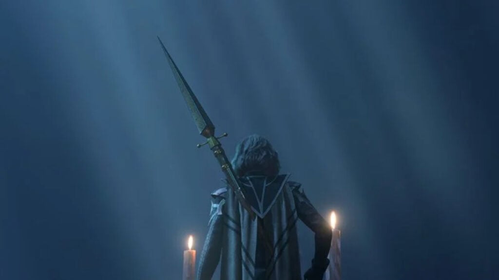 A character with a spear, seen from behind and flanked with candles