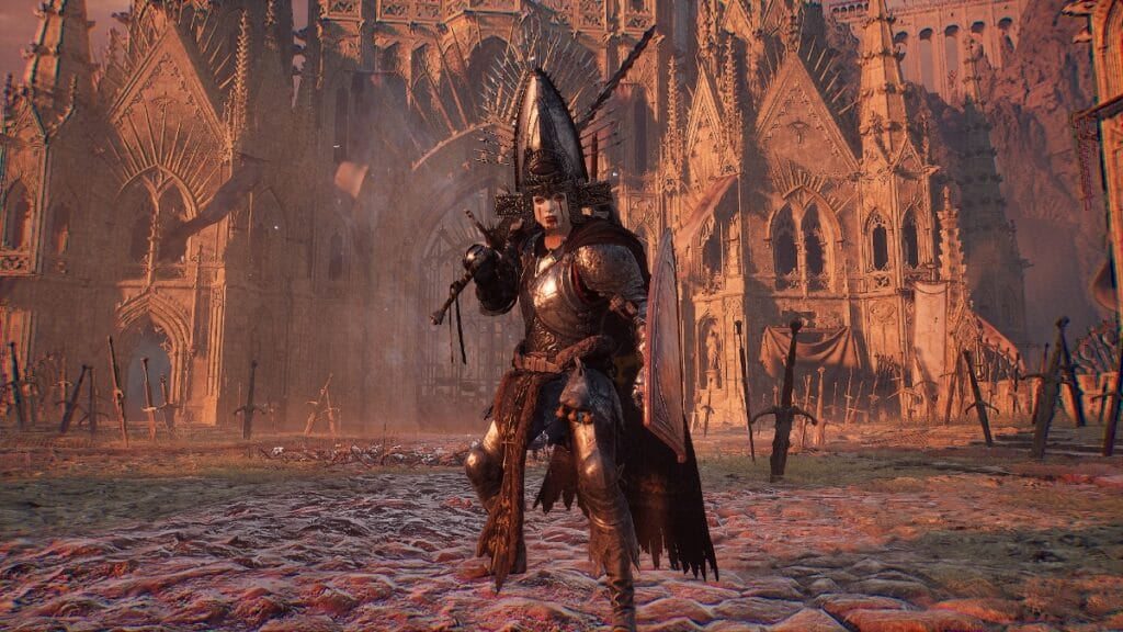 The best beginner build in Lords of the Fallen posing in Pieta's arena