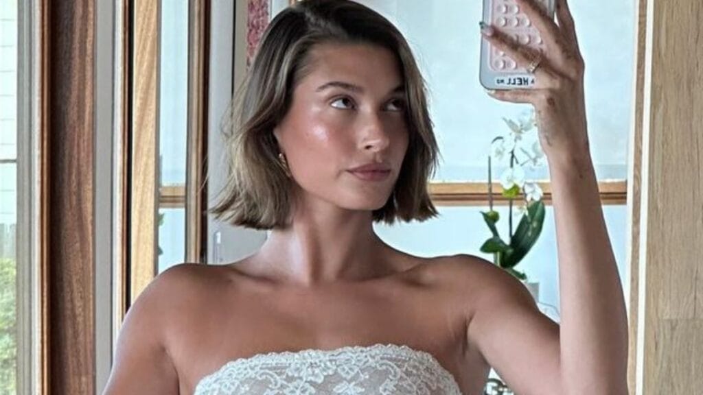 Justin Bieber's wife Hailey Bieber posing in white dress mirror selfie