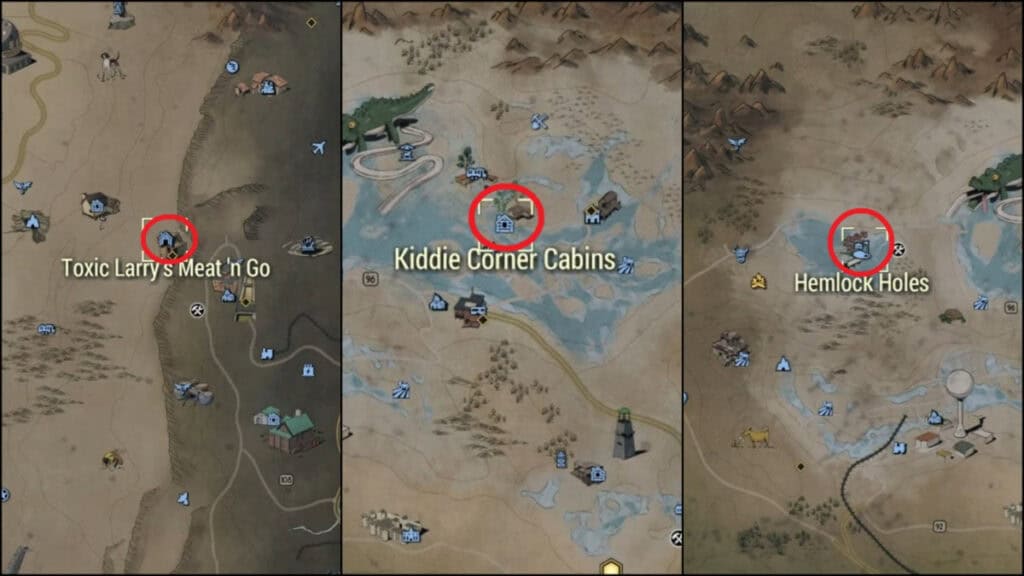 Map segments showing where you can find a Snallygaster in Fallout 76