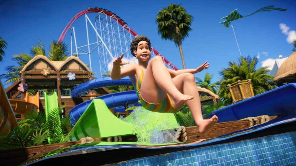 A parkgoer slides off a waterslide and into a pool in Planet Coaster 2