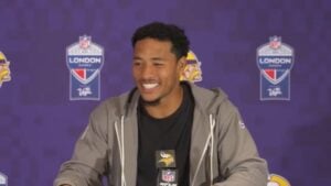 Camryn Bynum smiling during Vikings press conference.