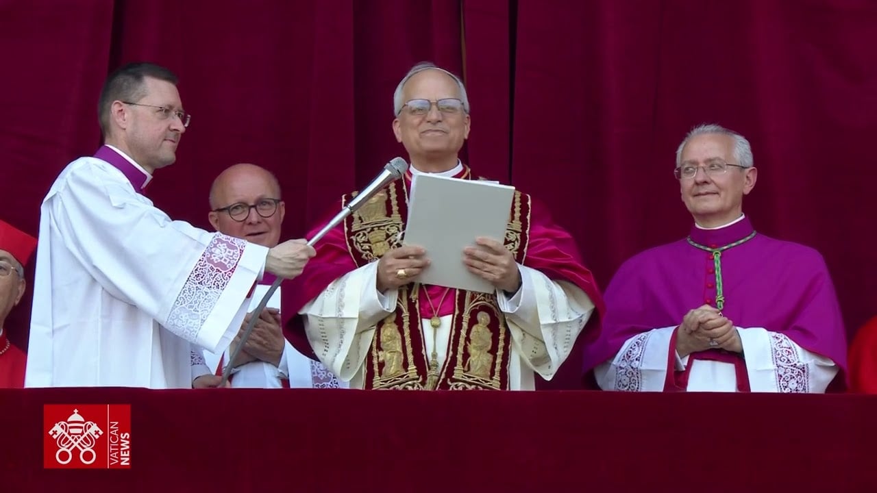 Pope Leo XIV, formerly Card. Prevost, appears and delivers his first address