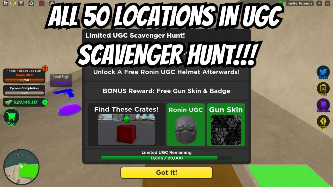 ALL 50 PARTS LOCATIONS IN UGC SCAVENGER HUNT | WAR TYCOON