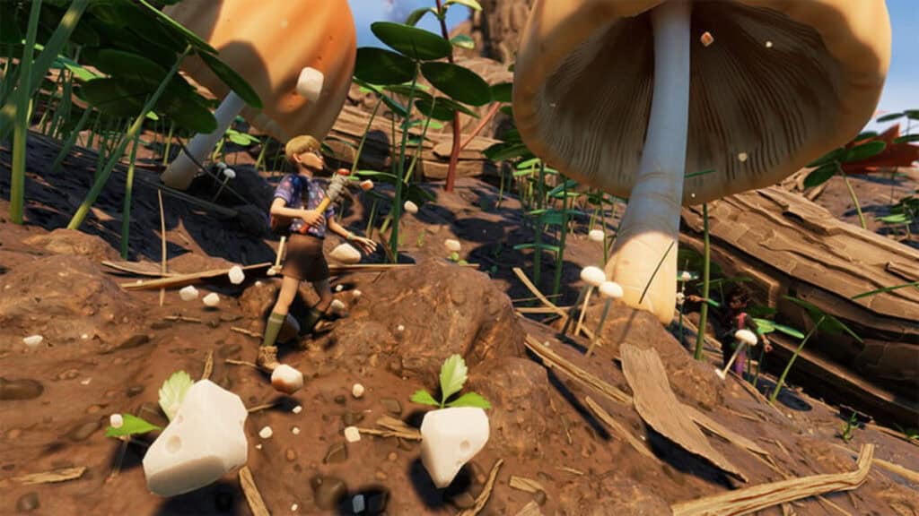 A player prepares to chop giant mushrooms down