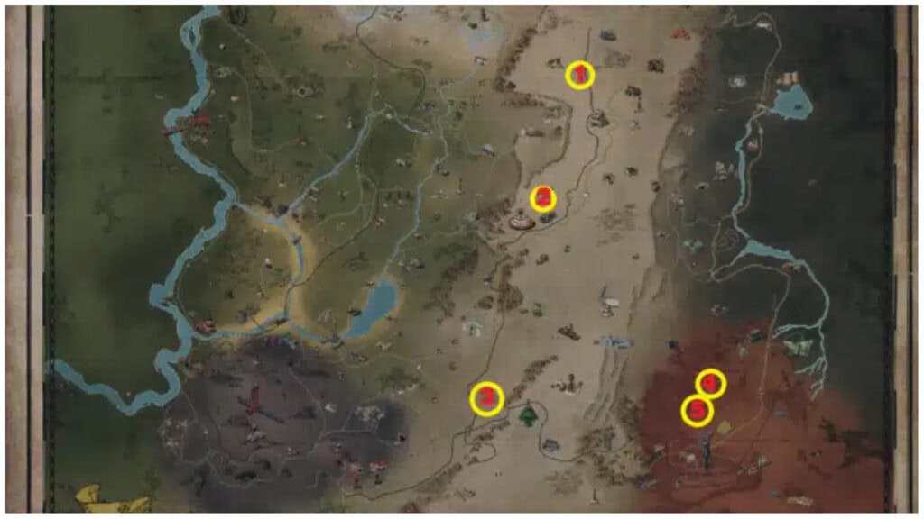 A map showing Chainsaw locations in Fallout 76