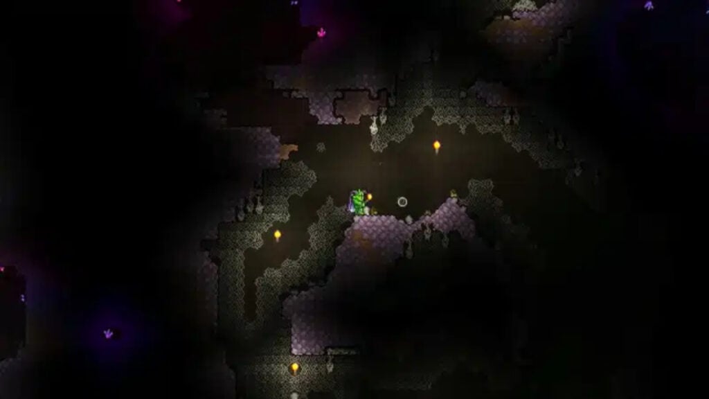 The player explores a cave in Terraria