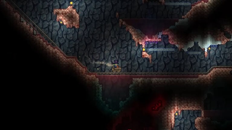 How to Get Soul of Night in Terraria A minecart rolls down the tracks in Terraria