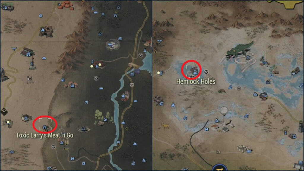 Two locations on the Fallout 76 map showing where you can find Glowing Creatures
