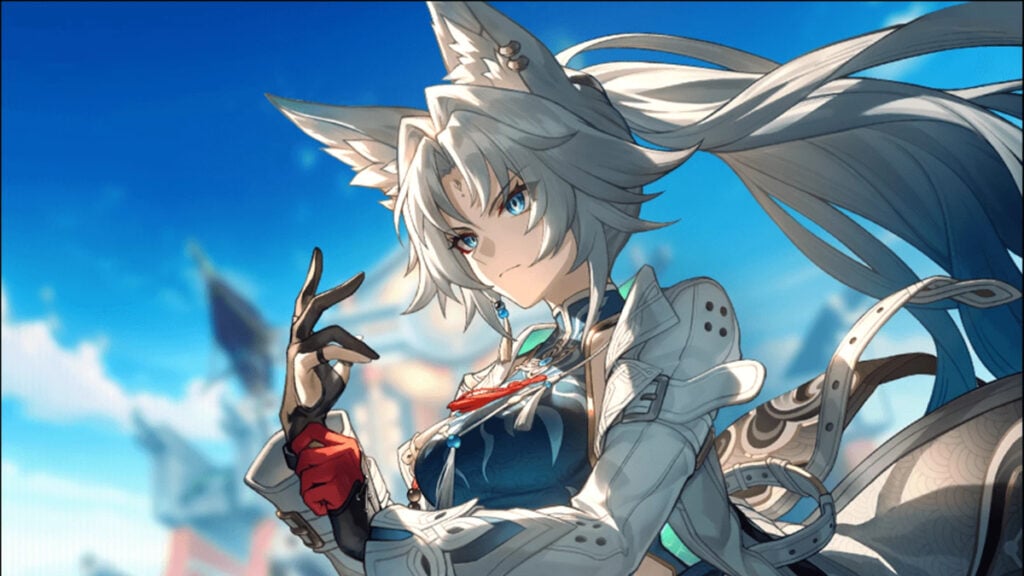 The wind blows a character's silver hair as they pose in Honkai Star Rail