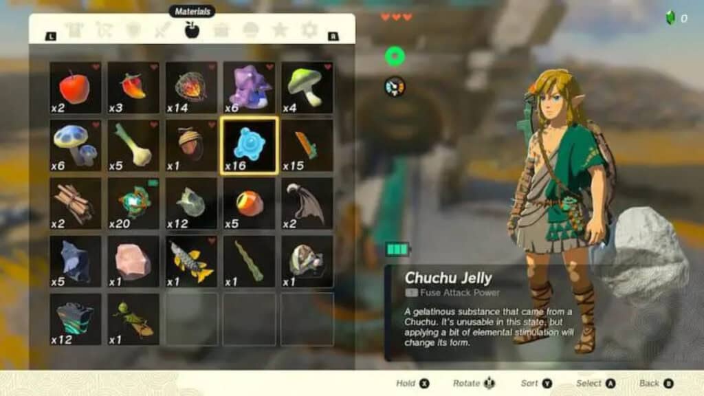 Chuchu Jelly in the player's inventory in Legend of Zelda: Tears of the Kingdom