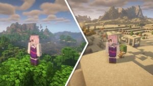 A character stands in two different biomes thanks to teleportation in Minecraft