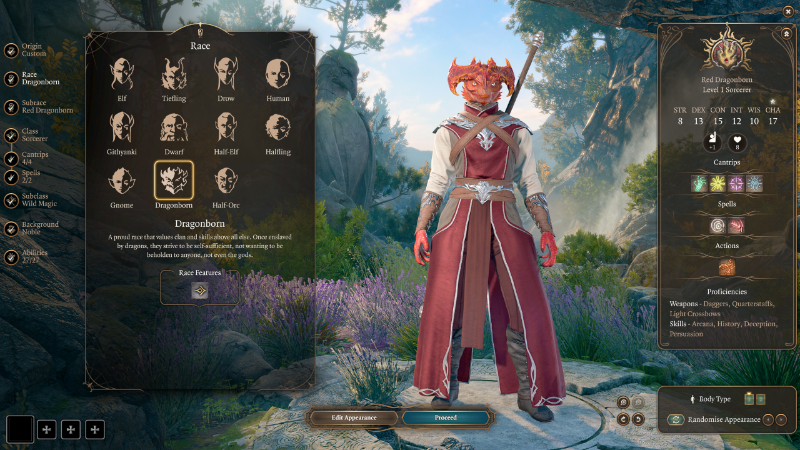 The race selection screen for a Sorcerer in Baldur's Gate 3, part of the best Sorcerer class build in the game
