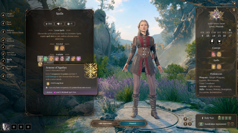 Warlock spell choice screen in Baldur's Gate 3