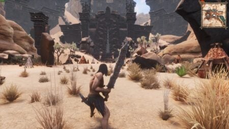 A warrior holding a sword in Conan Exiles using the improved graphics mod