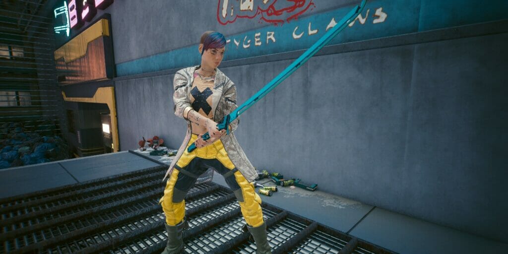 V posing with her katana in Cyberpunk 2077