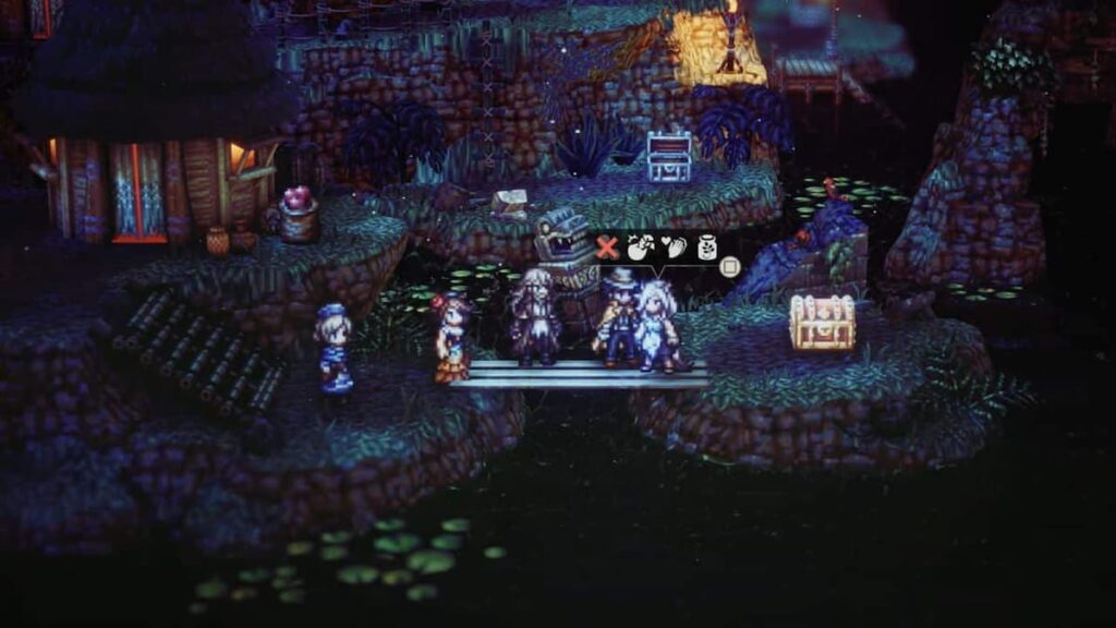 Characters gather at night in Octopath Traveler 2