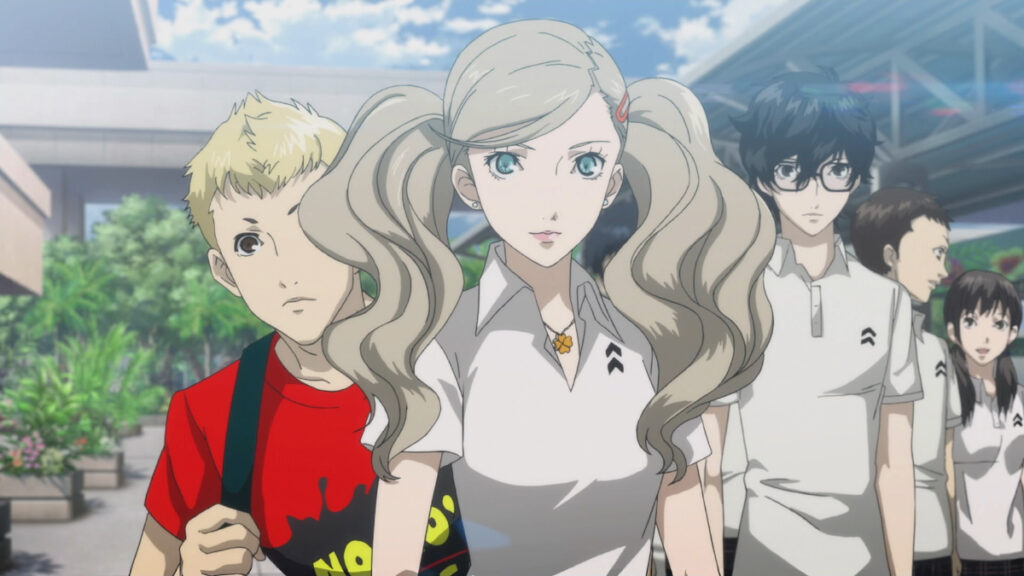 A group of characters in Persona 5 Royal gather outside