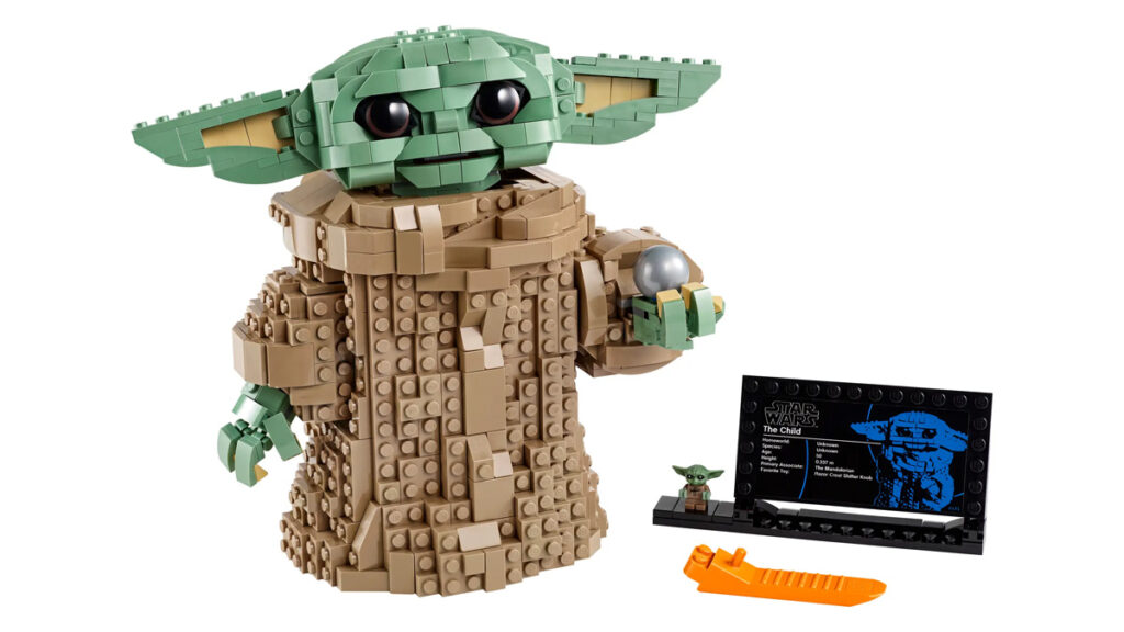 LEGO's Baby Yoda set contains over 1000 pieces, a minifigure, and an information plaque.