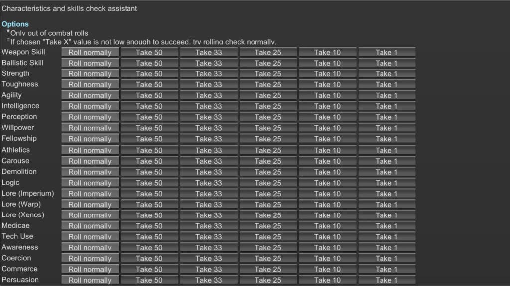 The Characteristics and Skills Check table in Warhammer 40k: Rogue Trader