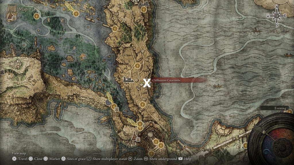 The location of Cliffbottom Catacombs in the game's map. 