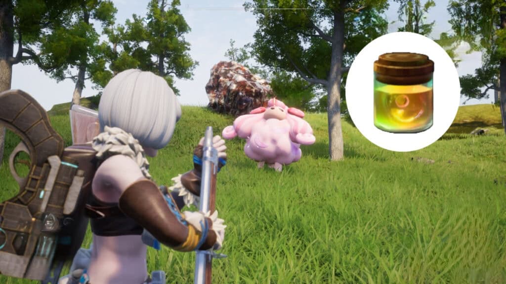 How to Get High Quality Pal Oil in Palworld The player, a Woolipop, and High Quality Pal Oil in Palworld