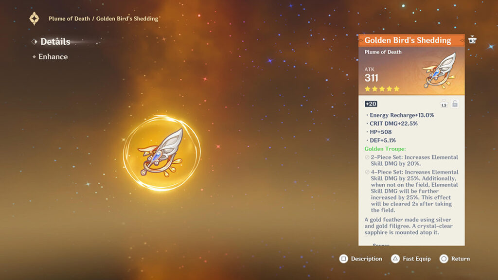 The Plume of Death part of the Golden Troupe Artifact set in Genshin Impact.