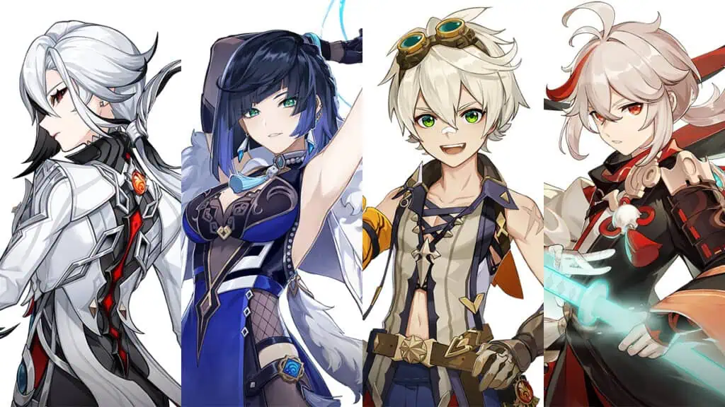 Arlecchino, Yelan, Bennett, and Kazuha's character profile pictures.