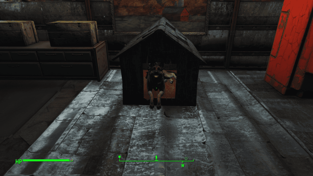 Dogmeat resting in his doghouse