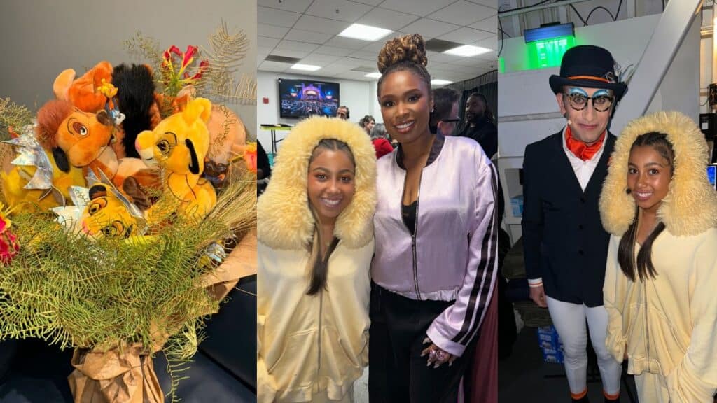 Backstage photos of North West on The Lion King with Jennifer Hudson and original cast, stuffed toys souvenirs.