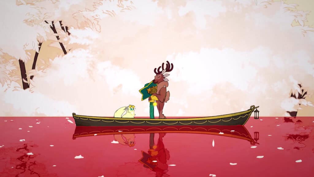 Two characters take a boat ride in Spiritfarer, a great game about mental health