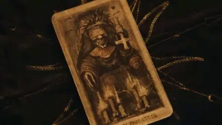 The High Priestess card in the horror movie, Tarot.