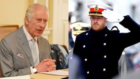 King Charles and his son Prince Harry in military attire photo merge.