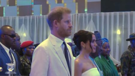 Prince Harry and Meghan Markle attend a formal dinner during their Nigerian tour.