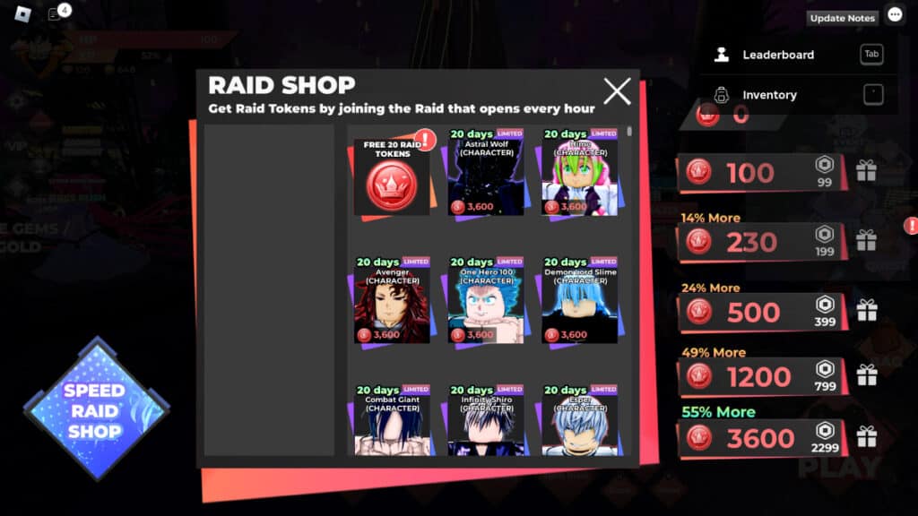 The Raid Shop where you can spend your Raid Coins in Anime Dimensions Roblox