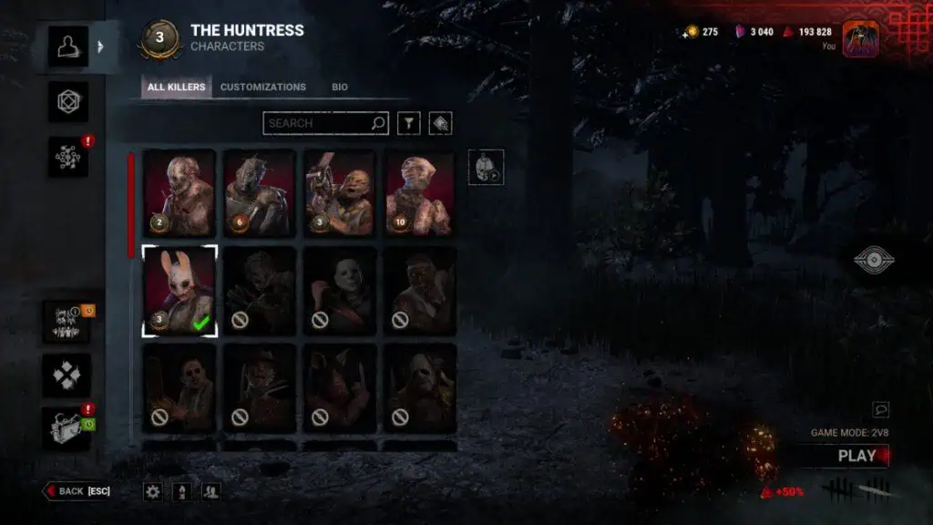 The killer selection screen in Dead by Daylight 2v8