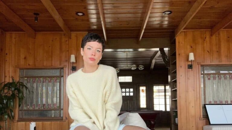 Halsey in a cream sweater