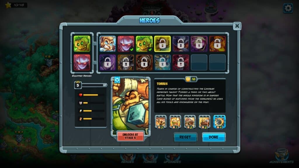 The hero selection screen in Kingdom Rush 5: Alliance