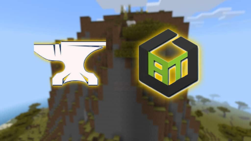 A mountain and the icons of two popular modloaders needed for playing modded Minecraft with friends