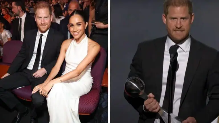 Prince Harry and Meghan Markle (L), Prince Harry giving ESPYS speech (R)