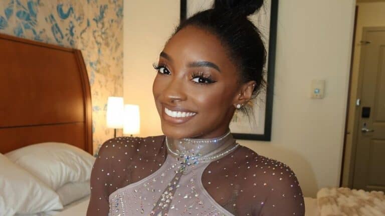 Simone Biles in Sheer Leotard Gets Naughty After Scoring First Place on Injured Foot at the Olympics Simone Biles in a silver leotard ahead of Paris 2024 Olympics