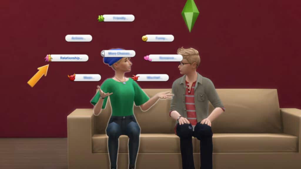 Two Sims sit on a couch talking while the player looks at the Relationship Menu