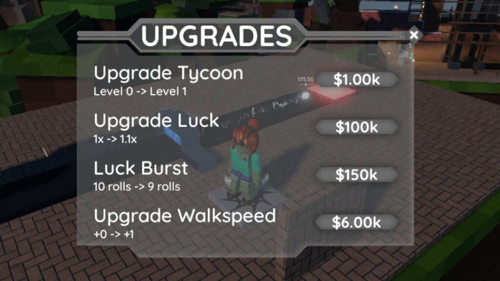 The upgrade board in Tycoon RNG
