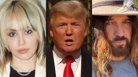 Donald Trump alongside Miley Cyrus and Billy Ray Cyrus