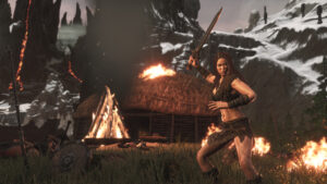 The Companion Freya raises her sword before a fire in Conan Exiles Age of Heroes