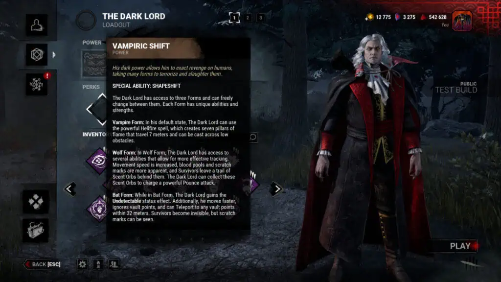 A textbox describing Dracula's power in the Dead by Daylight PTB