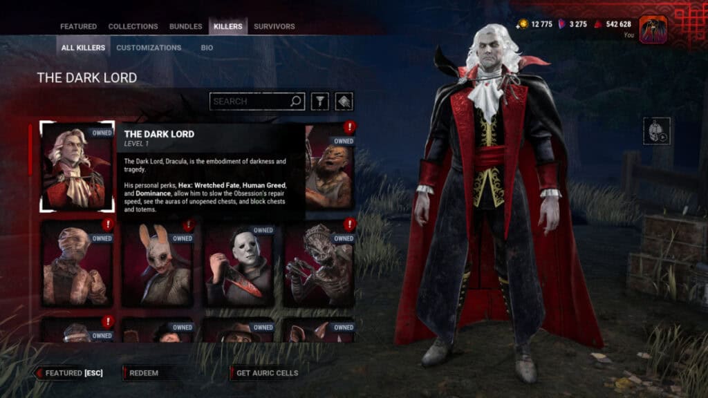 Dracula is highlighted on the character selection screen in Dead by Daylight