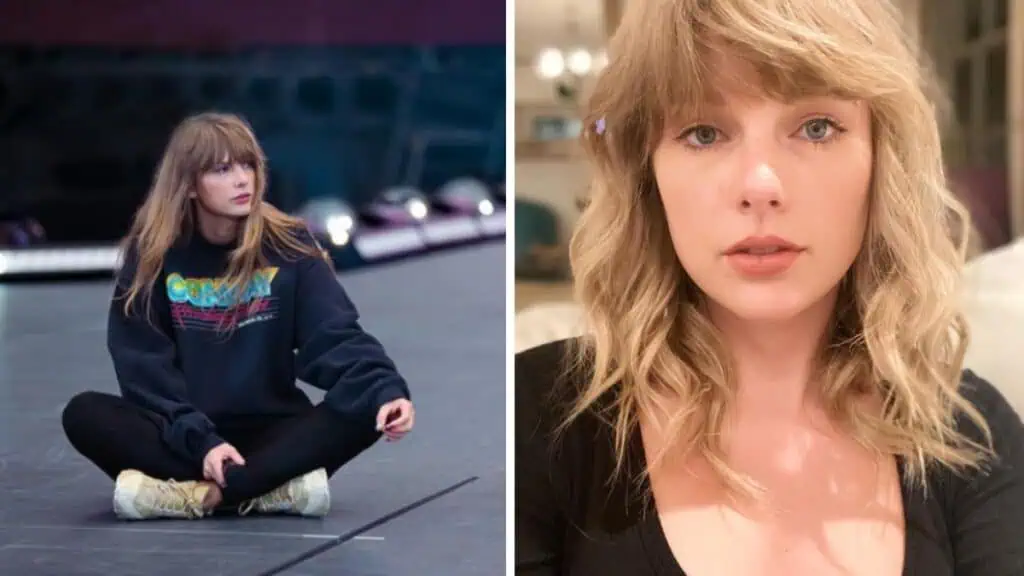 Taylor Swift sitting on stage (L), Taylor Swift serious (R)