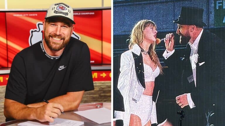 Who Is Taylor Swift’s Boyfriend in 2024? Her Relationship with Travis Kelce, Explained Travis Kelce (L), Travis Kelce on stage with Taylor Swift (R)