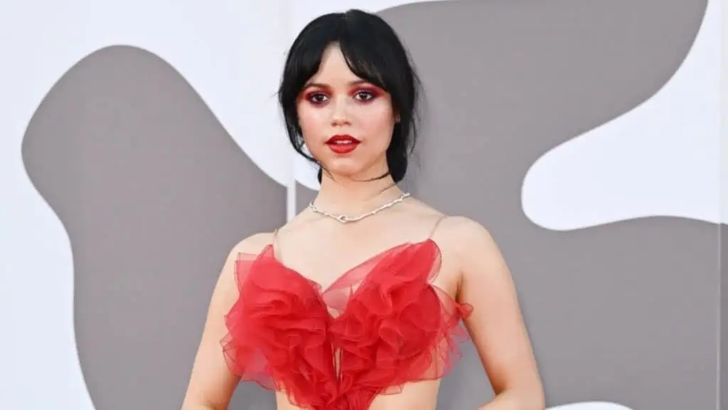 Jenna Ortega in red dress to promote Beetlejuice sequel